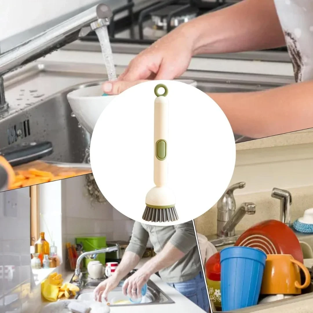 Image galerie 1 - Brosse à Vaisselle Ergonomique 2-en-1 avec Distributeur de Savon Intégré et Tête Rotative à 360°